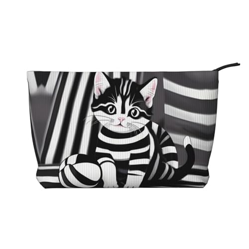 Kosmetiktasche für Damen, mit Kätzchen-Motiv, tragbar, mit Reißverschluss, Schwarz und Weiß gestreift von WXXWXD