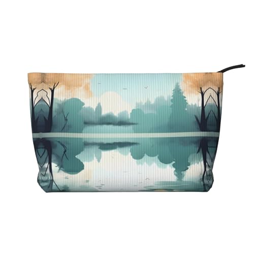 Kosmetiktasche mit Aufdruck "Fallen Leaves on a tranquil see" aus Kordsamt – tragbare Damen-Kulturbeutel mit Reißverschluss von WXXWXD