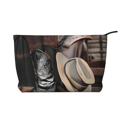 Kosmetiktasche mit Cowboyhut, Westernstiefel, bedruckter Kordsamt, tragbar, mit Reißverschluss, Kulturbeutel für Damen von WXXWXD