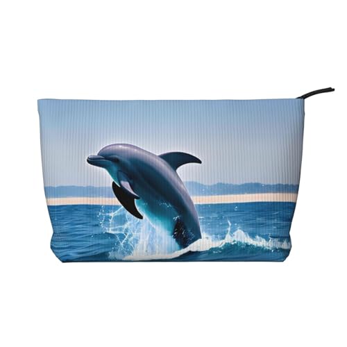 Kosmetiktasche mit Delfinmotiven, bedruckt, aus Kordsamt, für Damen, tragbar, mit Reißverschluss von WXXWXD