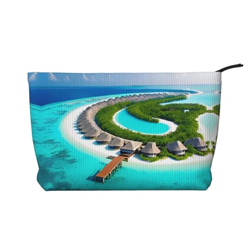 Kosmetiktasche mit Malediven-Landschaft, bedruckt, aus Kordsamt, tragbar, mit Reißverschluss, Aufbewahrungstasche für Damen von WXXWXD