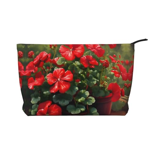 Kosmetiktasche mit roten Geranien bedruckt, aus Kordsamt, tragbare Kosmetiktasche mit Reißverschluss für Damen von WXXWXD