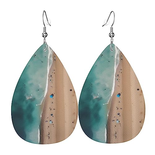 Luftaufnahme des Strandes, gemusterte Leder-Ohrringe, geeignet für den Alltag, Partys, Verabredungen usw., Einheitsgröße, Kunstleder, Diamant von WXXWXD