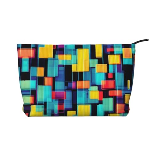 Quadratisches Geometriediagramm bedruckte Cord-Kosmetiktasche – tragbare Damen-Kulturbeutel mit Reißverschluss, Schwarz, Einheitsgröße von WXXWXD