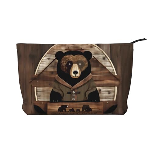 Rustikale Lodge Bear bedruckte Kordsamt-Kosmetiktasche – tragbare Damen-Kulturbeutel mit Reißverschluss von WXXWXD