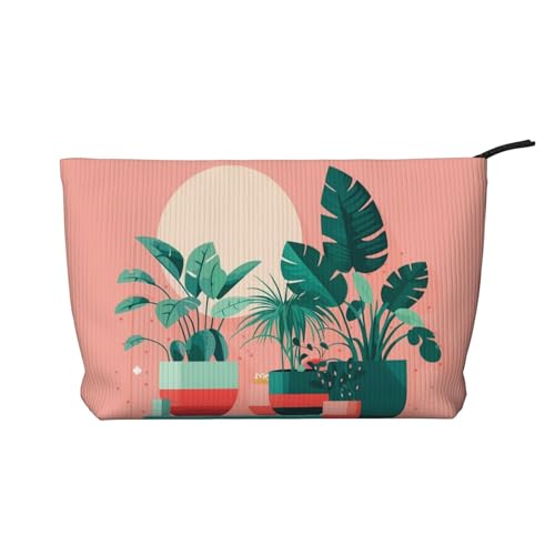 Schöne Kosmetiktasche mit grünen Pflanzen aus Kordsamt für Damen, tragbar, mit Reißverschluss, Kulturbeutel von WXXWXD