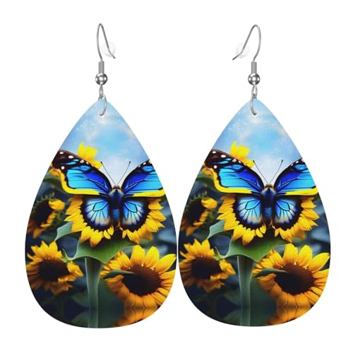Sonnenblume Blau Schmetterling Muster Leder Ohrringe Damen Ohrringe Geeignet für Alltag, Party, Verabredungen usw., Einheitsgröße, Kunstleder Diamant von WXXWXD