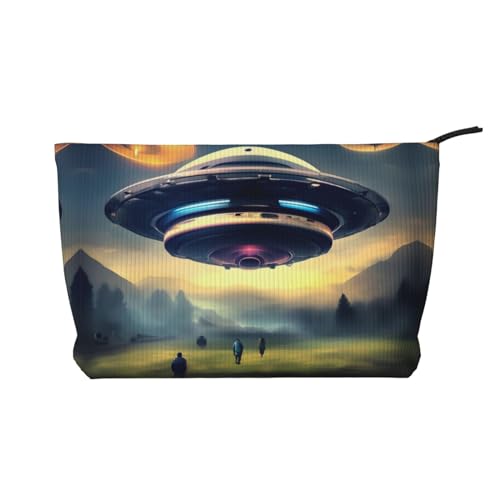 UFO Landing Bedruckte Cord-Kosmetiktasche – Damen tragbare Kulturbeutel mit Reißverschluss, Schwarz, Einheitsgröße von WXXWXD