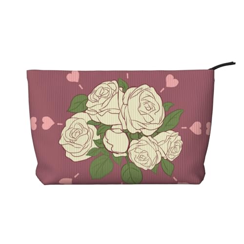 Weiße Rose of Love bedruckte Cord-Kosmetiktasche – tragbare Damen-Kulturbeutel mit Reißverschluss von WXXWXD