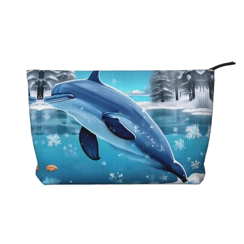 Winter the Delphin bedruckte Cord-Kosmetiktasche – tragbare Damen-Kulturbeutel mit Reißverschluss von WXXWXD