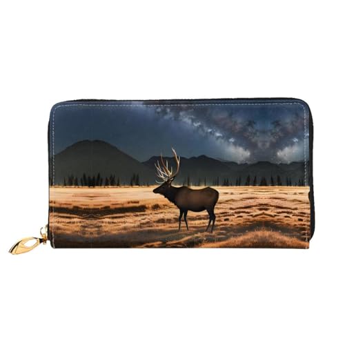 Langes Portemonnaie aus Leder mit Elch auf der Wiese, doppelseitiger Druck, Mikrofaser-Leder-Material, Unisex, wasserdicht und langlebig von WXZYFP