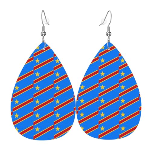Modische PVC-Ohrringe aus versilbertem Leder, geeignet für Festivalpartys oder den persönlichen Gebrauch, Flagge des Kongo, Einheitsgröße, silberfarbenes Kupferleder, kein Edelstein von WXZYFP
