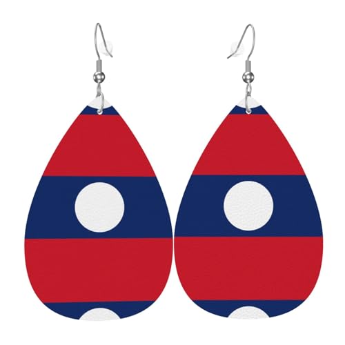 Modische PVC-Ohrringe aus versilbertem Leder, geeignet für Festivalpartys oder den persönlichen Gebrauch, Flagge von Laos, Einheitsgröße, silberfarbenes Kupferleder, kein Edelstein von WXZYFP