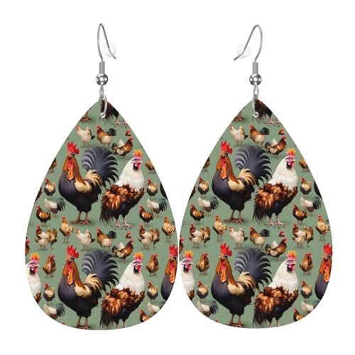 Modische PVC-Ohrringe aus versilbertem Leder, geeignet für Festivalpartys oder den persönlichen Gebrauch, Hahn und Huhn, Einheitsgröße, silberfarbenes Kupferleder, kein Edelstein von WXZYFP