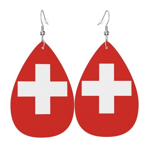Modische PVC-Ohrringe aus versilbertem Leder, geeignet für Festivalpartys oder den persönlichen Gebrauch, Schweizer Flagge, Einheitsgröße, silberfarbenes Kupferleder, kein Edelstein von WXZYFP