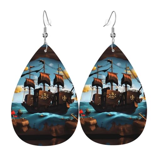 Modische versilberte PVC-Leder-Ohrringe, geeignet für Festivalpartys oder den persönlichen Gebrauch, Cartoon-Piratenschiff, Einheitsgröße, silberfarbenes Kupferleder, kein Edelstein von WXZYFP