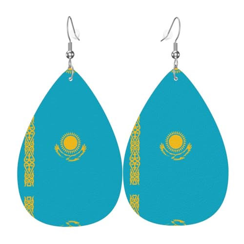 Modische versilberte PVC-Leder-Ohrringe, geeignet für Festivalpartys oder den persönlichen Gebrauch, Flagge von Kasachstan, Einheitsgröße, silberfarbenes Kupferleder, kein Edelstein von WXZYFP