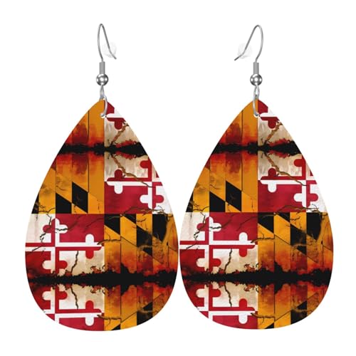 Modische versilberte PVC-Leder-Ohrringe, geeignet für Festivalpartys oder den persönlichen Gebrauch, Maryland-Flagge aus Holz von WXZYFP