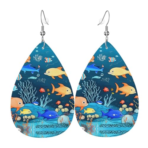 Modische versilberte PVC-Leder-Ohrringe, geeignet für Festivalpartys oder den persönlichen Gebrauch, blaue Unterwasserwelt der Fische, Einheitsgröße, silberfarbenes Kupferleder, kein Edelstein von WXZYFP