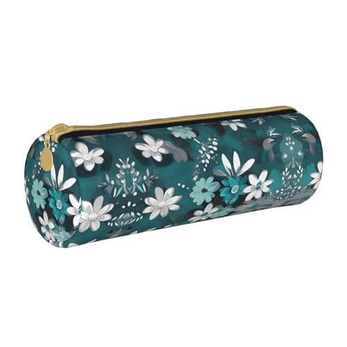 WXZYFP Blaugrünes und weißes Blumenmuster, umweltfreundliches Federmäppchen aus genarbtem Leder, leicht und tragbar, geeignet für den täglichen Gebrauch. von WXZYFP