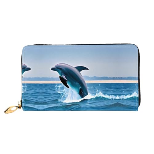WXZYFP Langes Portemonnaie aus Leder, Motiv: Springende Delfine, doppelseitiger Druck, Mikrofaser-Leder-Material, Unisex, wasserdicht und langlebig, Schwarz, Einheitsgröße von WXZYFP