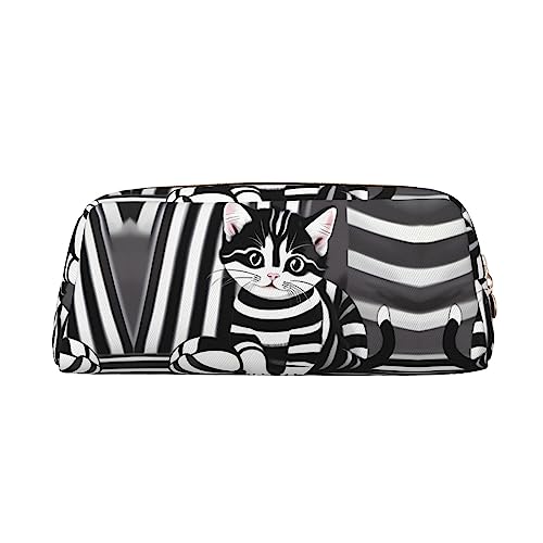 WXZYFP Schwarz-weiß gestreiftes Kätzchen. Das Federmäppchen ist aus Kreuznarbenleder (PVC), 100 % Polyester-Futter und Vollsiebdruck von WXZYFP