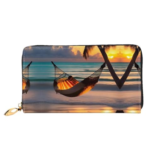 WXZYFP Sunset Strandhängematte aus Leder, lange Geldbörse, doppelseitiger Druck, Mikrofaser-Leder-Material, Unisex, wasserdicht und langlebig von WXZYFP