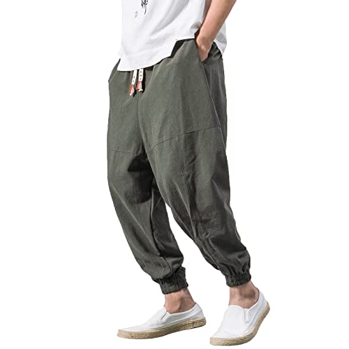 Baggy Haremshose Herren Japanisch Einfarbige Freizeithose aus Baumwolle und Leinen Loose Casual Heimhose Lang Leichte Atmungsaktiv Pluderhose Große Größe M,L,XL,XXL,XXXL von WXZZ