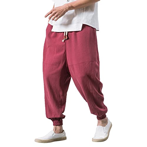 Baggy Haremshose Herren Japanisch Einfarbige Freizeithose aus Baumwolle und Leinen Loose Casual Heimhose Lang Leichte Atmungsaktiv Pluderhose Große Größe M,L,XL,XXL,XXXL von WXZZ