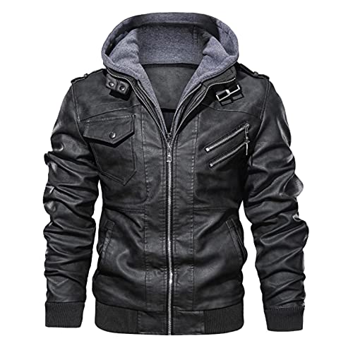 Herren Wertige Kunstlederjacke mit Sweatkapuzen und Reißverschluss Bikerjacke Vintage Bomberjacke Outdoorjacke Cargo Jacke Heavy Motorradjacke Herbst Winter Warm Dick Freizeitjacke Mäntel Jagdjacke von WXZZ