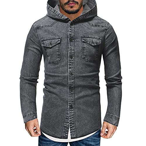 WXZZ Jacke Aus Denim Herren Mit Kapuze | Washed-Optik | Slim Fit | Klassisch Fracht Jeansjacke | Freizeitjacke Übergangsjacke Trucker Jacket | Größen S-XXL | 3 Farben Hellblau, Schwarz, Grau von WXZZ