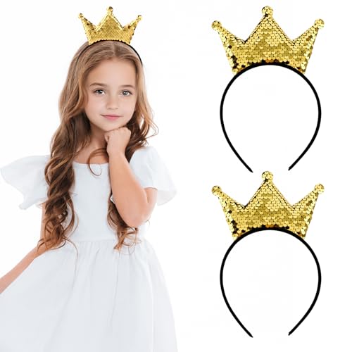2 Stück Pailletten Krone Stirnband Mädchen Glänzende Haarband Glitzer Prinzessin Tiara Gold Haar Hoop Haarschmuck Verstellbare Geburtstag Kopfbedeckung für Frauen Weihnachten Kostüm Party Favors von WY LIGHTING LEVEL