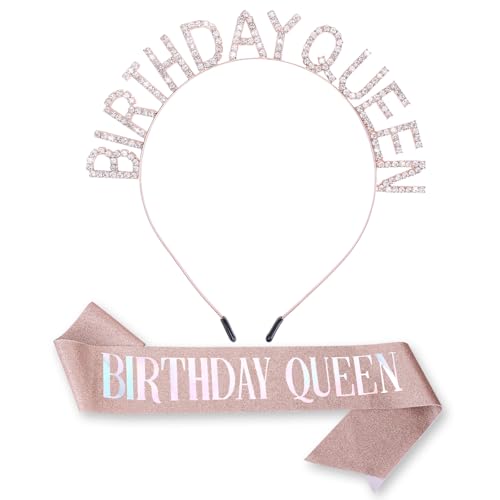 "Birthday Queen" Schärpe Strass Tiara Set Roségold Geburtstag Schärpe & Tiara für Frauen Prinzessin Geburtstagskrone Geschenke Glitzer Geburtstags Stirnband Party Kristall Haarschmuck für Mädchen von WY LIGHTING LEVEL