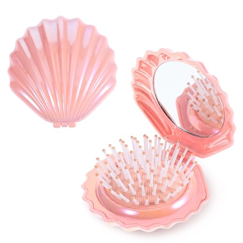 Faltbare Haarbürsten mit Spiegel Reise Tragbare Taschen Haarbürste Süßer Mini Haarkamm kompakte Größe Haarmassagekamm Kleines Make-up Spiegel Set für Mädchen und Frauen von WY LIGHTING LEVEL