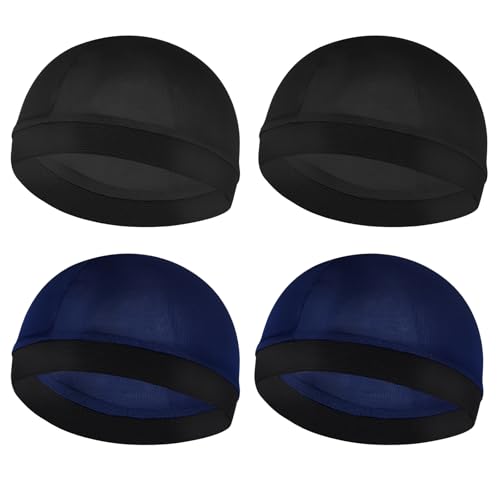 WY LIGHTING LEVEL 4 Stück Seidige Wellenkappen für Herren Wellenmütze für 360 540 720 Wave Elastic Band Wellen Weich Atmungsaktiv Satin Skull Cap Duschhaube Beanies Cap Unisex (Schwarz, Marineblau) von WY LIGHTING LEVEL