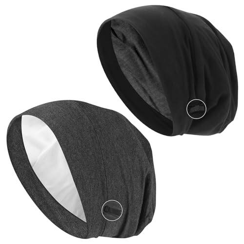 WY LIGHTING LEVEL Satin Bonnet Schlafmütze 2 Stück Elastisches Haarabdeckung Motorhaube Satin Gefüttert Slouchy Beanie Nachtschlafmütze Verstellbar für Herren und Damen von WY LIGHTING LEVEL