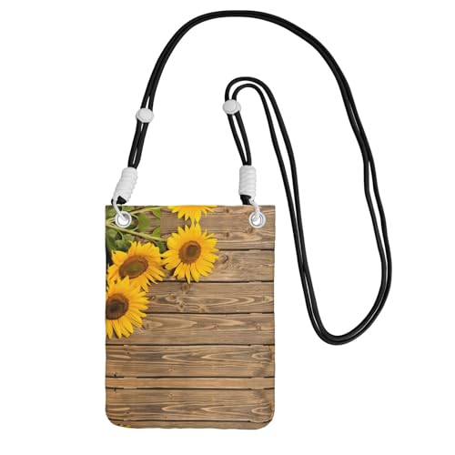 Handytasche mit drei Sonnenblumen auf Holzdruck, Crossbody-Tasche mit Schultergurt für Handy, Reisepass, Geldbörse, Schwarz , Einheitsgröße von WYCZHY