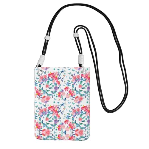 Romantische, ausgefallene Handy-Tasche mit Blumenmuster und Vögeln und Schmetterlingen, mit Schultergurt für Handy, Reisepass, Geldbörse, Schwarz , Einheitsgröße von WYCZHY