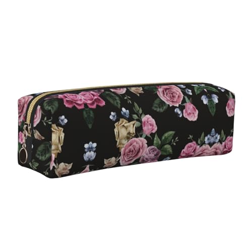 WYCZHY Federmäppchen aus Leder mit schwarzem Rosen-Druck, für Studenten, große Kapazität, Tasche für Schule, Schreibwarenwerkzeug, gold, Einheitsgröße, Kosmetiktasche von WYCZHY