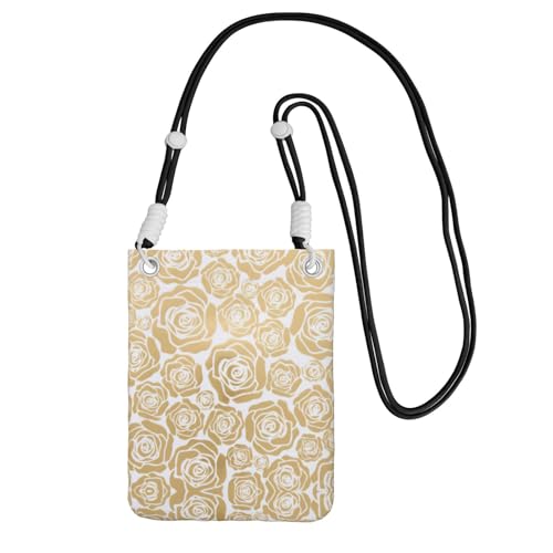 WYCZHY Handytasche mit vielen goldenen Blumen bedruckt, mit Schultergurt, für Handy, Reisepass, Geldbörse, Schwarz , Einheitsgröße von WYCZHY