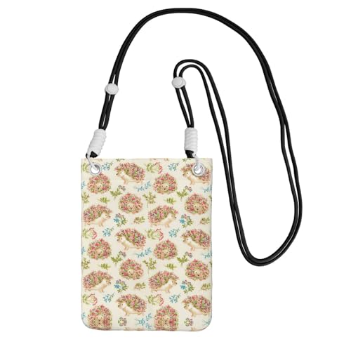 WYCZHY Reise-Handy-Tasche mit Blumenmuster und Igel-Druck, Umhängetasche mit Schultergurt für Handy, Reisepass, Geldbörse, Schwarz , Einheitsgröße von WYCZHY