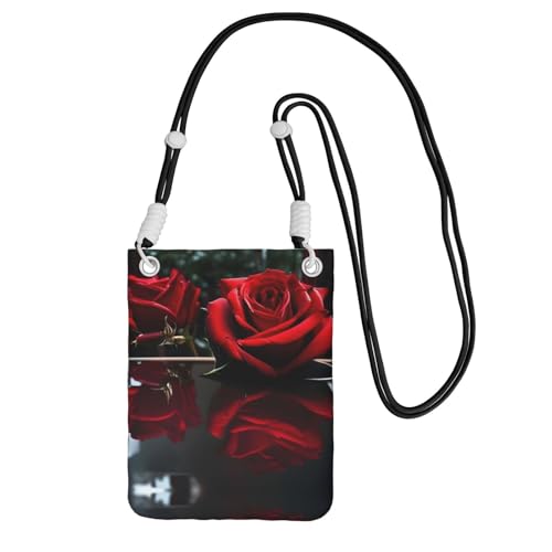 WYCZHY Reise-Handy-Tasche mit Schulterriemen für Handy, Reisepass, Geldbörse, Rot mit Spiegelrosen, Schwarz , Einheitsgröße von WYCZHY