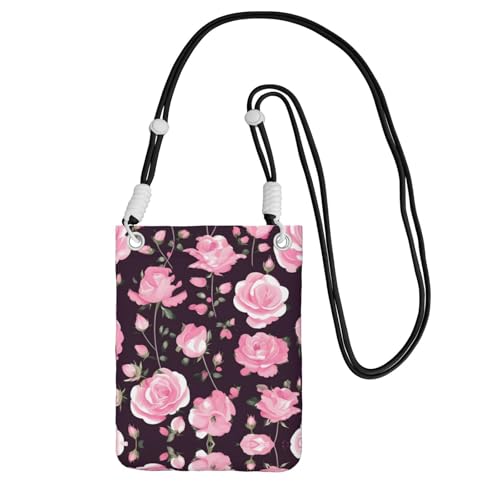 WYCZHY Reise-Handy-Tasche mit Schulterriemen für Handy, Reisepass, Geldbörse mit Blumenmuster, Rosa, Schwarz , Einheitsgröße von WYCZHY