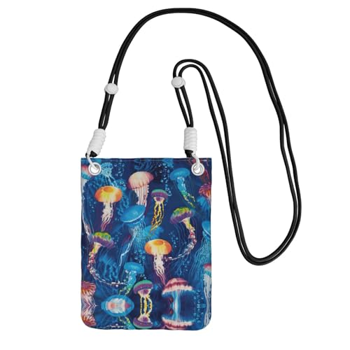 WYCZHY Reise-Handy-Tasche mit farbigem Quallen-Druck, Crossbody-Tasche mit Schultergurt für Handy, Reisepass, Geldbörse, Schwarz , Einheitsgröße von WYCZHY