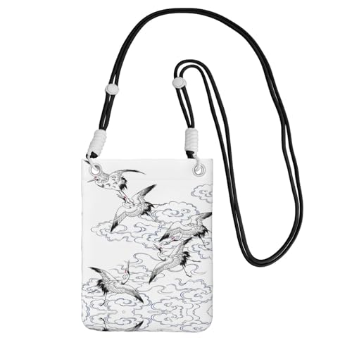 WYCZHY Reise-Handy-Tasche mit japanischem Kranichdruck, Umhängetasche mit Schultergurt für Handy, Reisepass, Geldbörse, Schwarz , Einheitsgröße von WYCZHY