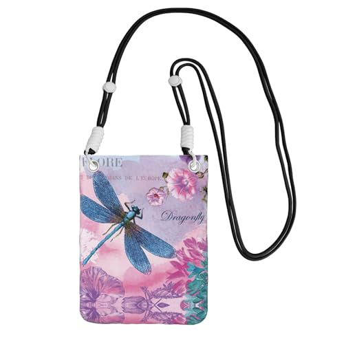 WYCZHY Reise-Handytasche mit rosa Blumen und Libellen, mit Schultergurt für Handy, Reisepass, Geldbörse, Schwarz , Einheitsgröße von WYCZHY