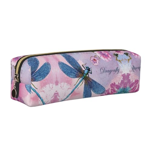 WYCZHY Stifteetui aus Leder mit rosa Blumen und Libellen, große Kapazität, Tasche für Schule, Schreibwarenwerkzeug, gold, Einheitsgröße, Kosmetiktasche von WYCZHY