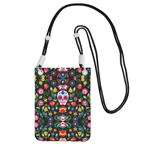 WYCZHY Sugar Horror Totenkopf und Blumen Druck Reise Handy Tasche Crossbody Tasche mit Schultergurt für Handy, Wanderpass, Geldbörse, Schwarz , Einheitsgröße von WYCZHY