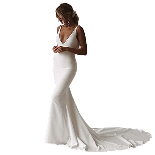 WYFDMNN Chiffon-Hochzeitskleid mit V-Ausschnitt, Rückenfreies Meerjungfrau-Brautjungfernkleider, Weiß, 2 von WYFDMNN