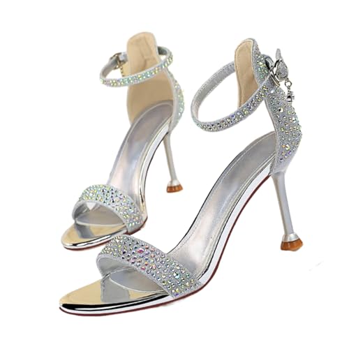 Damen Hohe Stilettos Offene Shallow Mouthed Pointed Ankle Strap Heels Sexy Komfort Riemchen Kleid Schuhe Hochzeit Braut Pumps Sandalen, Silver-34 von WYGGD